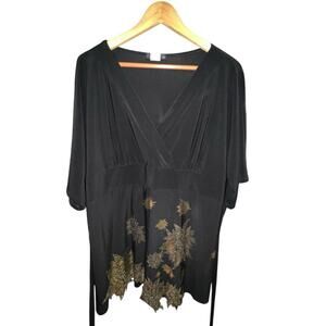 NWT ING Plus Size 3X Black Gold Floral Embellished Stretch Top Made in USA